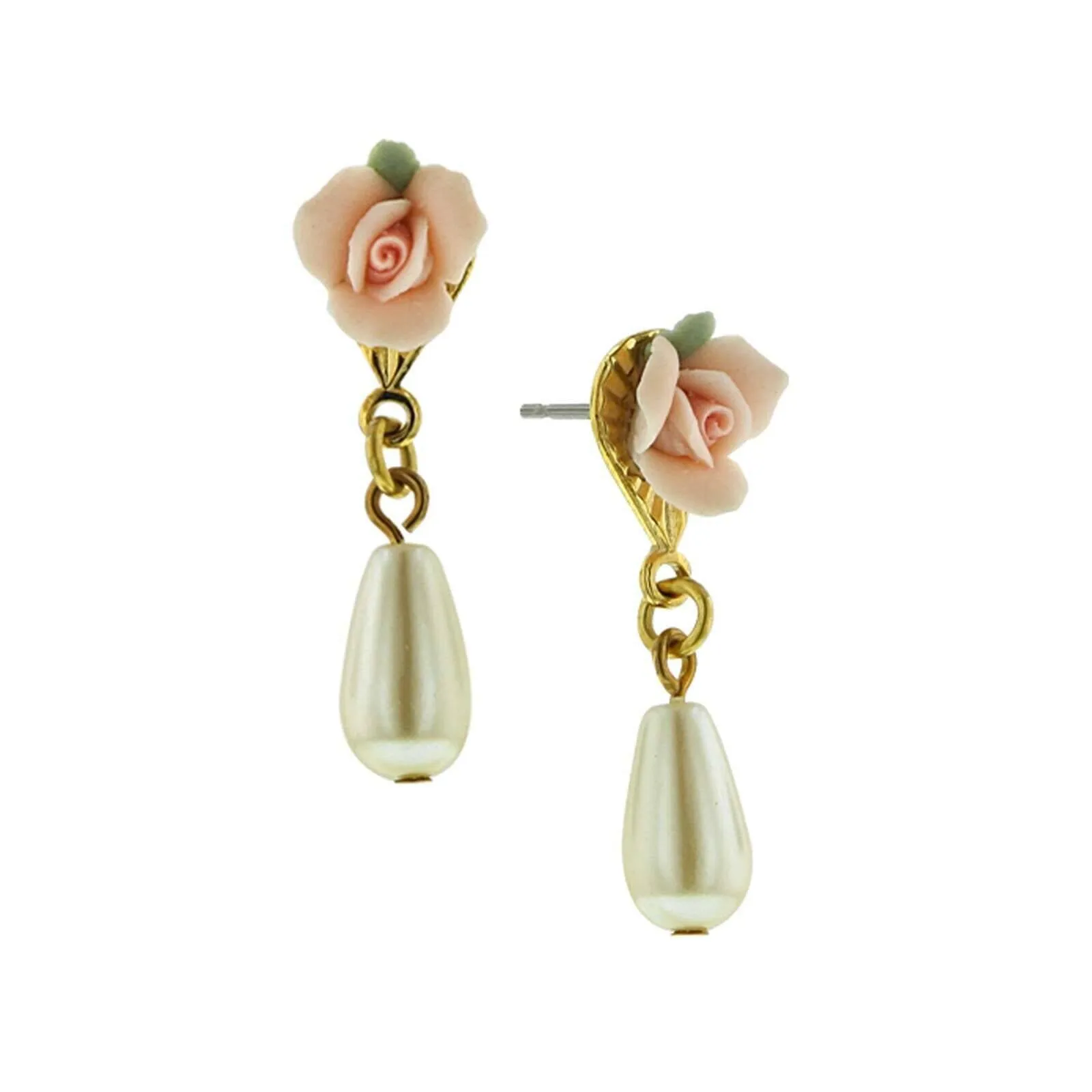 1928 Bridal Pink Porcelain Rose Faux Pearl Drop Earrings 1928 Jewelry