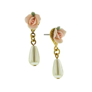 1928 Bridal Pink Porcelain Rose Faux Pearl Drop Earrings 1928 Jewelry