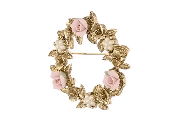 1928 Bridal Pink Porcelain Rose Wreath Brooch 1928 Jewelry