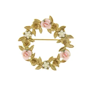 1928 Bridal Pink Porcelain Rose Wreath Brooch 1928 Jewelry