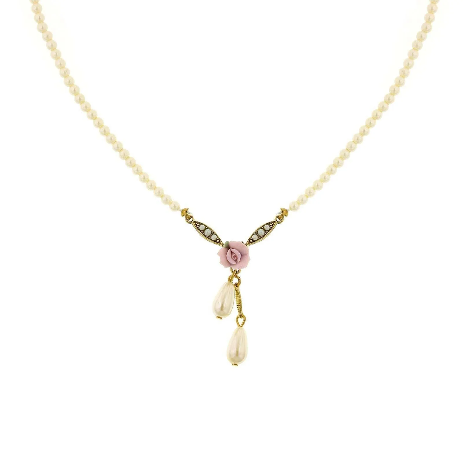 1928 Bridal Porcelain Rose And 3mm Faux Pearl Strand Drop Pendant Necklace 16"   3" Extender 1928 Jewelry