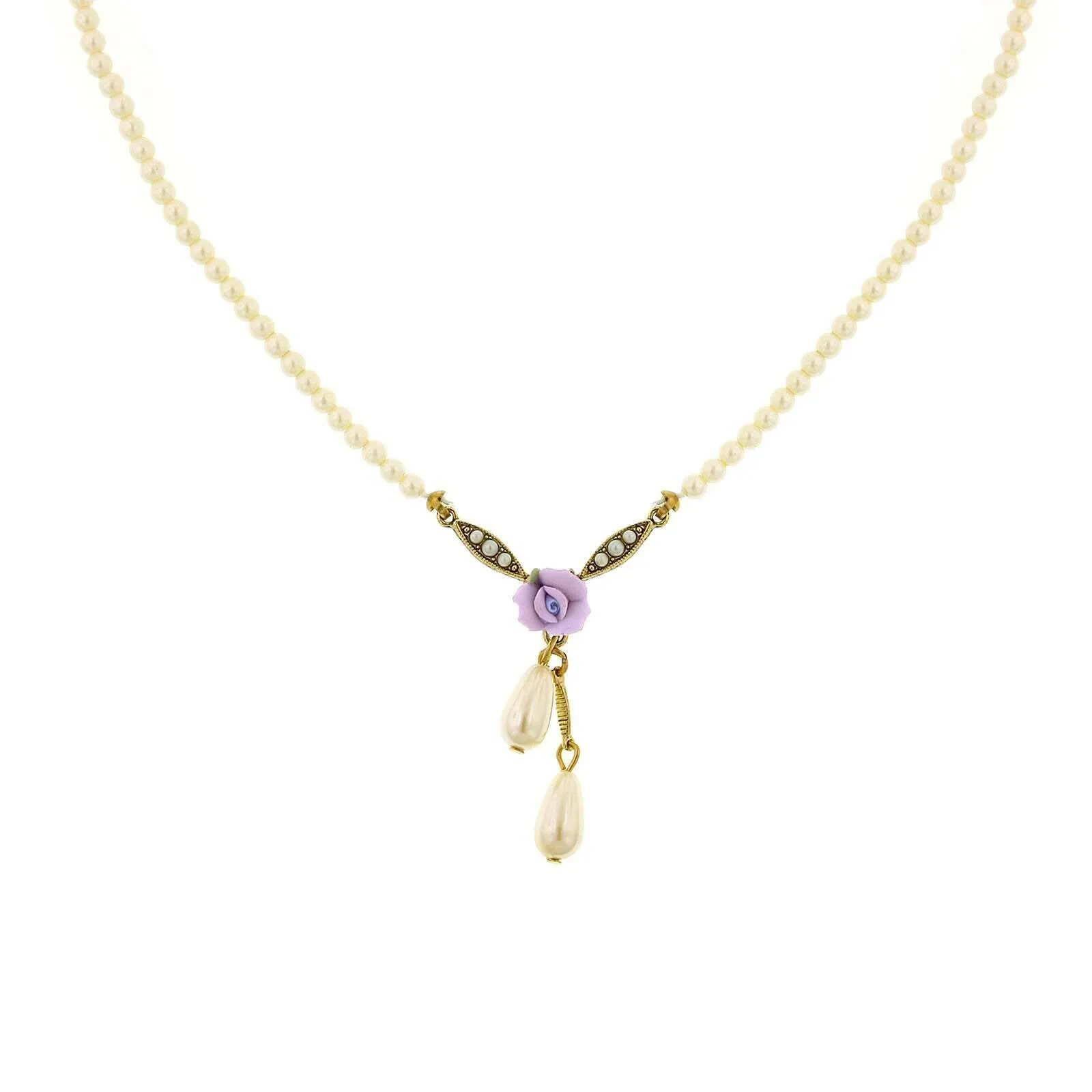 1928 Bridal Porcelain Rose And 3mm Faux Pearl Strand Drop Pendant Necklace 16"   3" Extender 1928 Jewelry