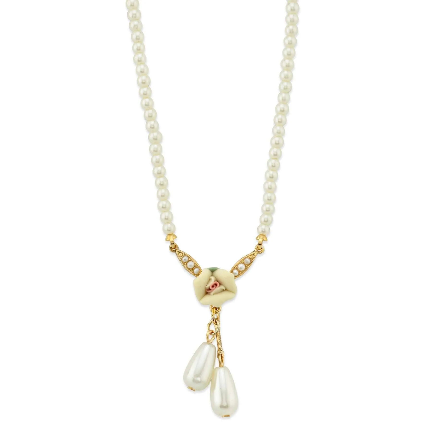 1928 Bridal Porcelain Rose And 3mm Faux Pearl Strand Drop Pendant Necklace 16"   3" Extender 1928 Jewelry