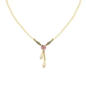 1928 Bridal Porcelain Rose And 3mm Faux Pearl Strand Drop Pendant Necklace 16"   3" Extender 1928 Jewelry