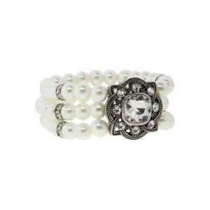 1928 Bridal Three Row White Faux Pearl and Crystal Stretch Bracelet 1928 Jewelry