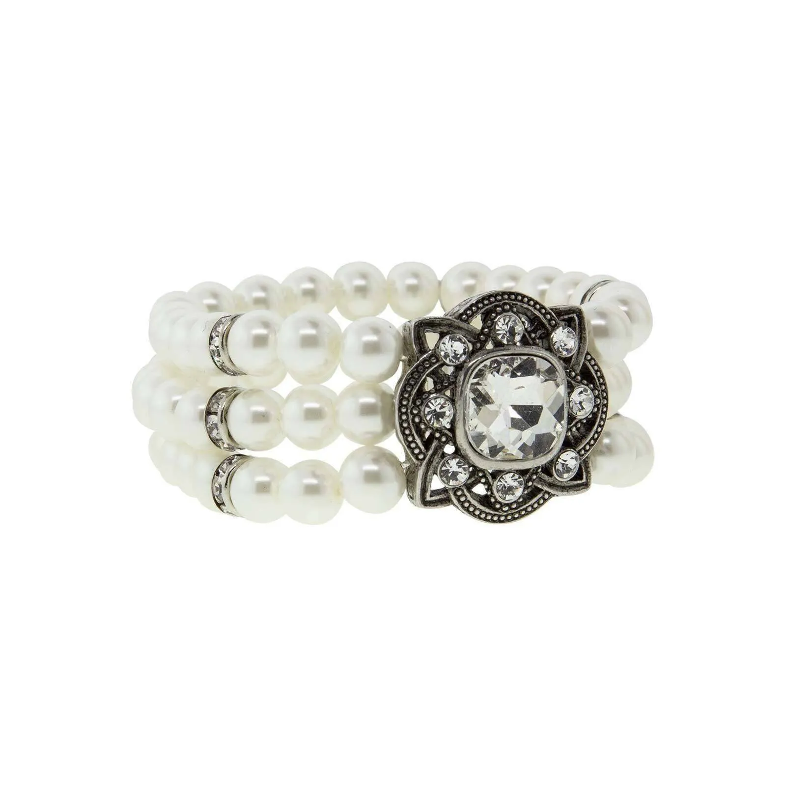 1928 Bridal Three Row White Faux Pearl and Crystal Stretch Bracelet 1928 Jewelry