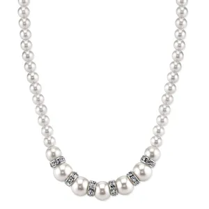 1928 Bridal White Graduated Faux Pearl Strand And Crystal Necklace 15"   3" Extender 1928 Jewelry