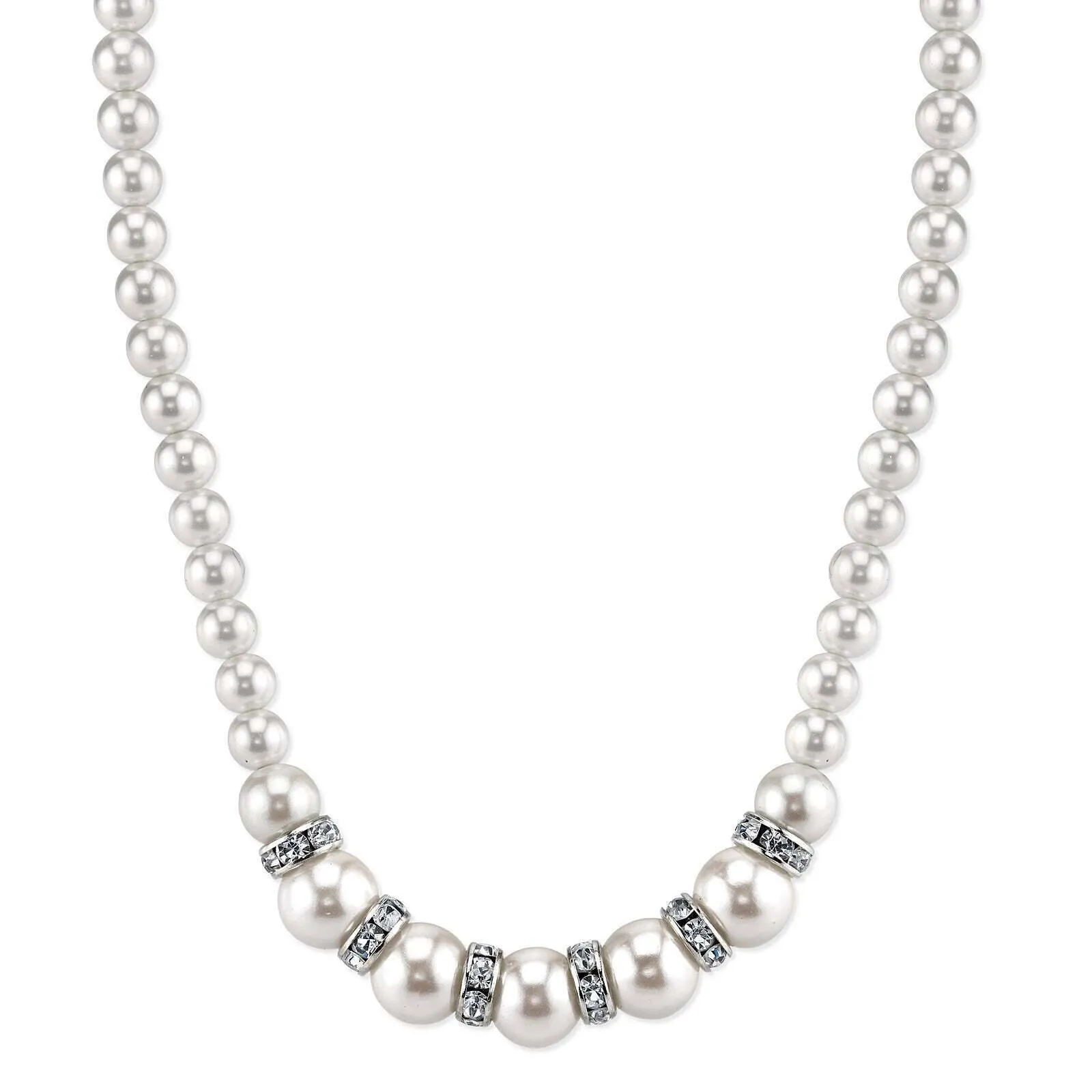 1928 Bridal White Graduated Faux Pearl Strand And Crystal Necklace 15"   3" Extender 1928 Jewelry