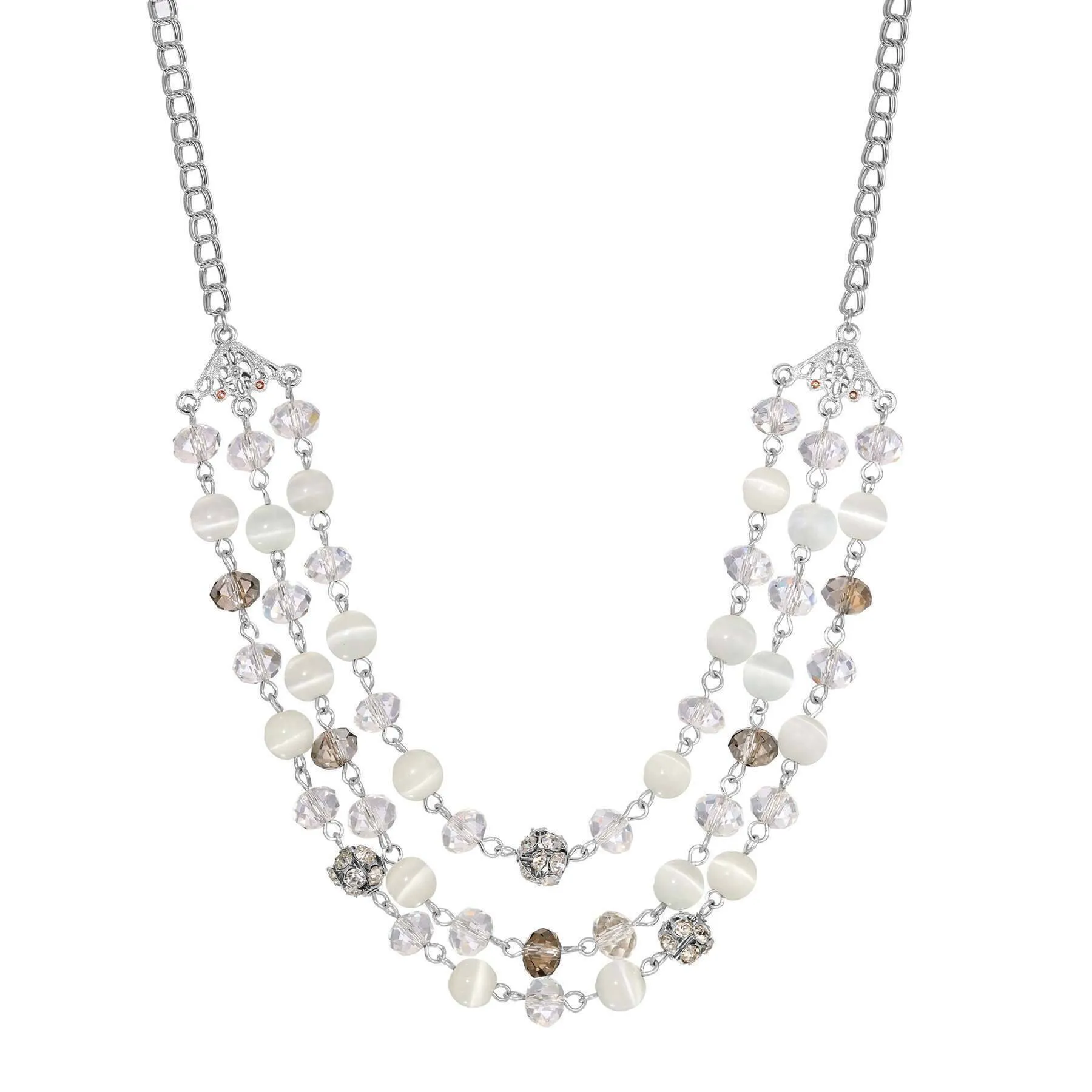 1928 Jewelry 3 Row Cat's Eye Multi Glass Beaded Necklace 16"   3" Extender 1928 Jewelry