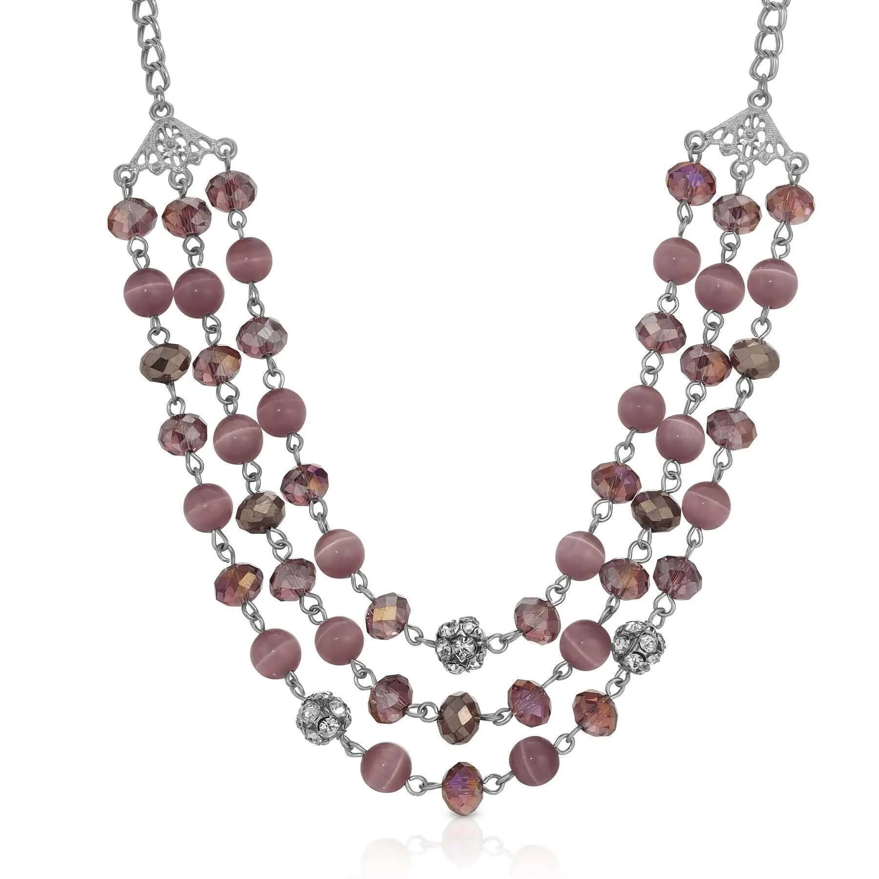 1928 Jewelry 3 Row Cat's Eye Multi Glass Beaded Necklace 16"   3" Extender 1928 Jewelry