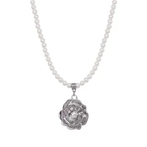 1928 Jewelry 4mm Faux Pearl Strand Flower Crystal Pendant Necklace 15"   3" Extender 1928 Jewelry