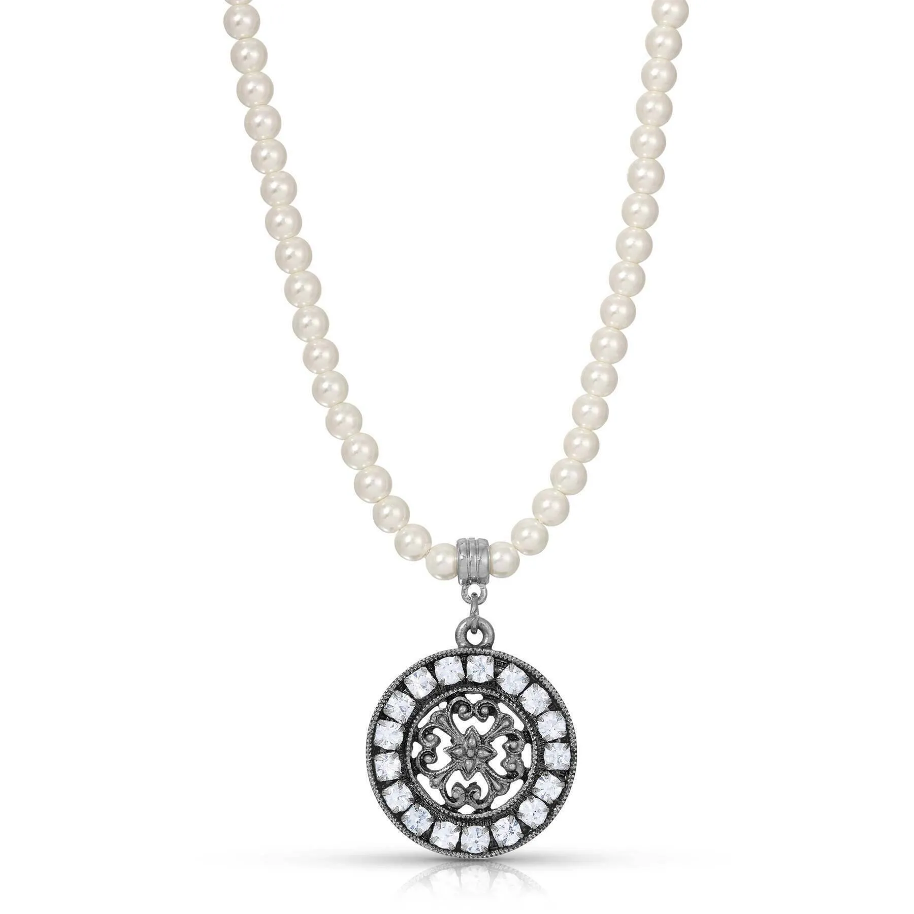 1928 Jewelry 4mm Faux Pearl Strand Hanauma Filigree Crystal Pendant Necklace 15"   3" Extender 1928 Jewelry