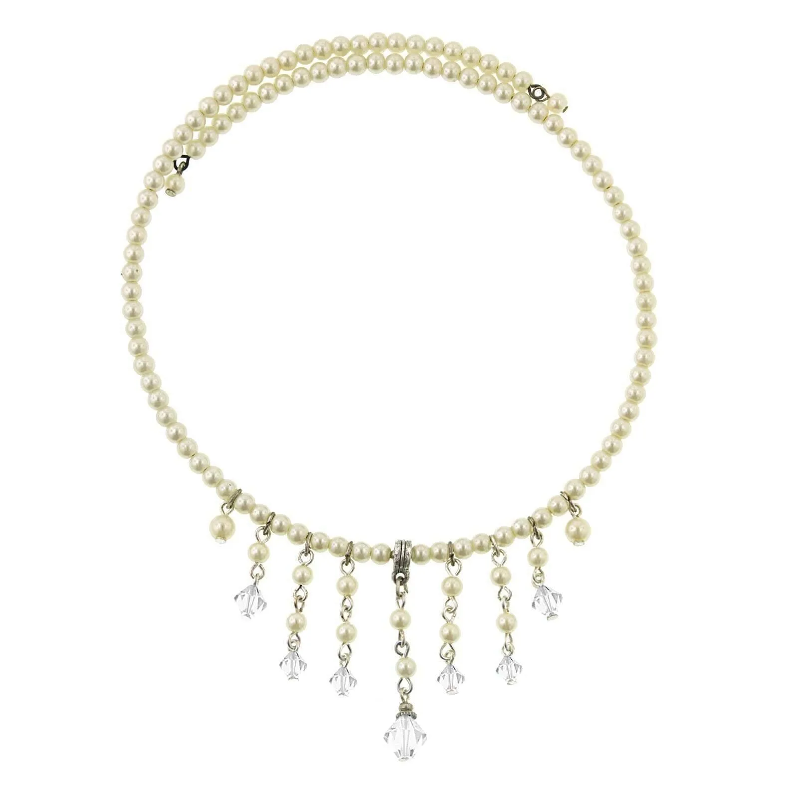 1928 Jewelry 4mm Faux Pearl Strand Lantern Crystal Drop Coil Choker Necklace 16" 1928 Jewelry