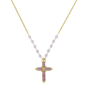 1928 Jewelry Amethyst Moonstone Cross Pendant & Tanzanite Glass Bead Necklace 28" 1928 Jewelry