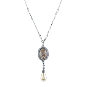 1928 Jewelry Antiqued Pewter Faux Pearl Drop Spinner Pendant Necklace 30" 1928 Jewelry