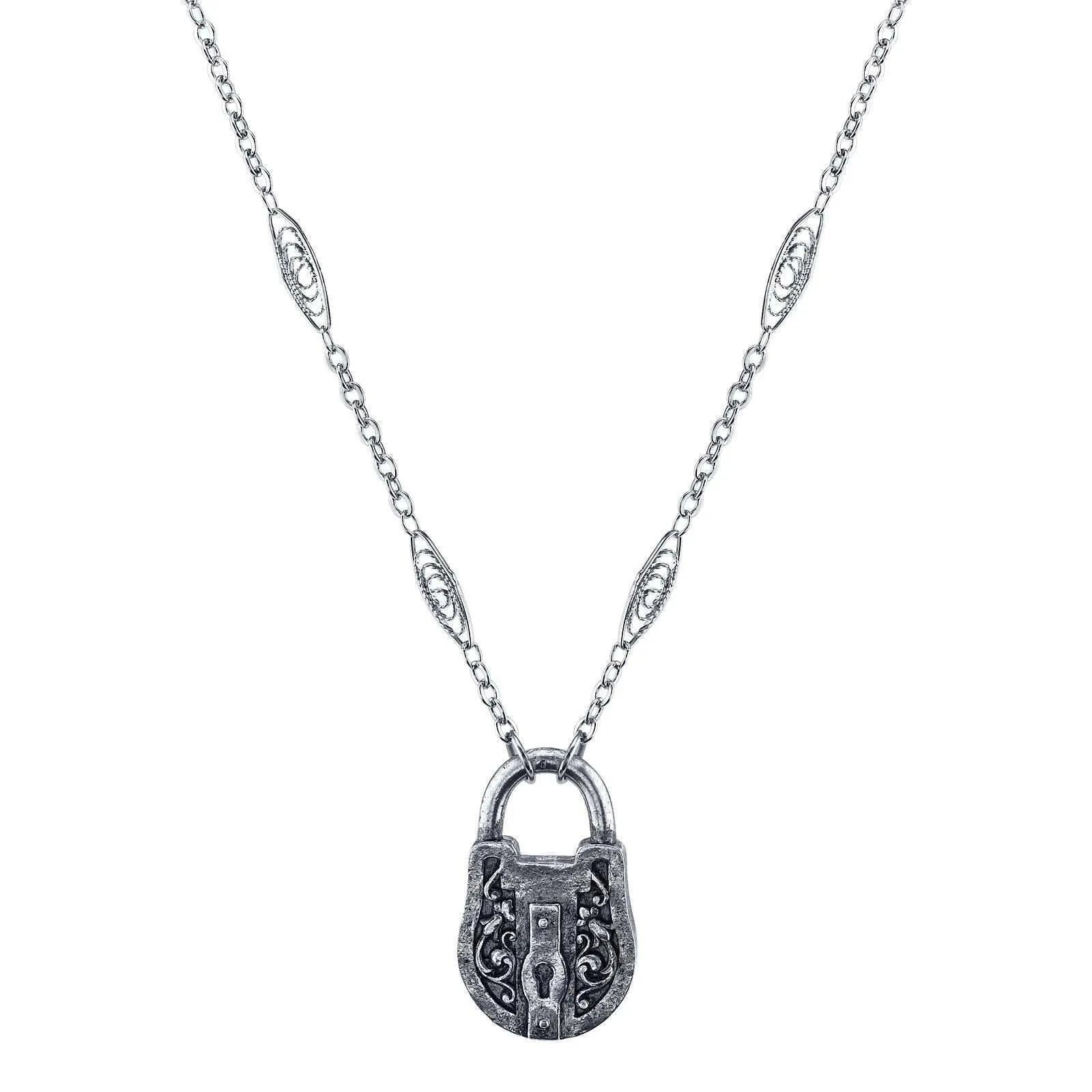 1928 Jewelry Antiqued Pewter Lock Pendant Necklace 30" 1928 Jewelry