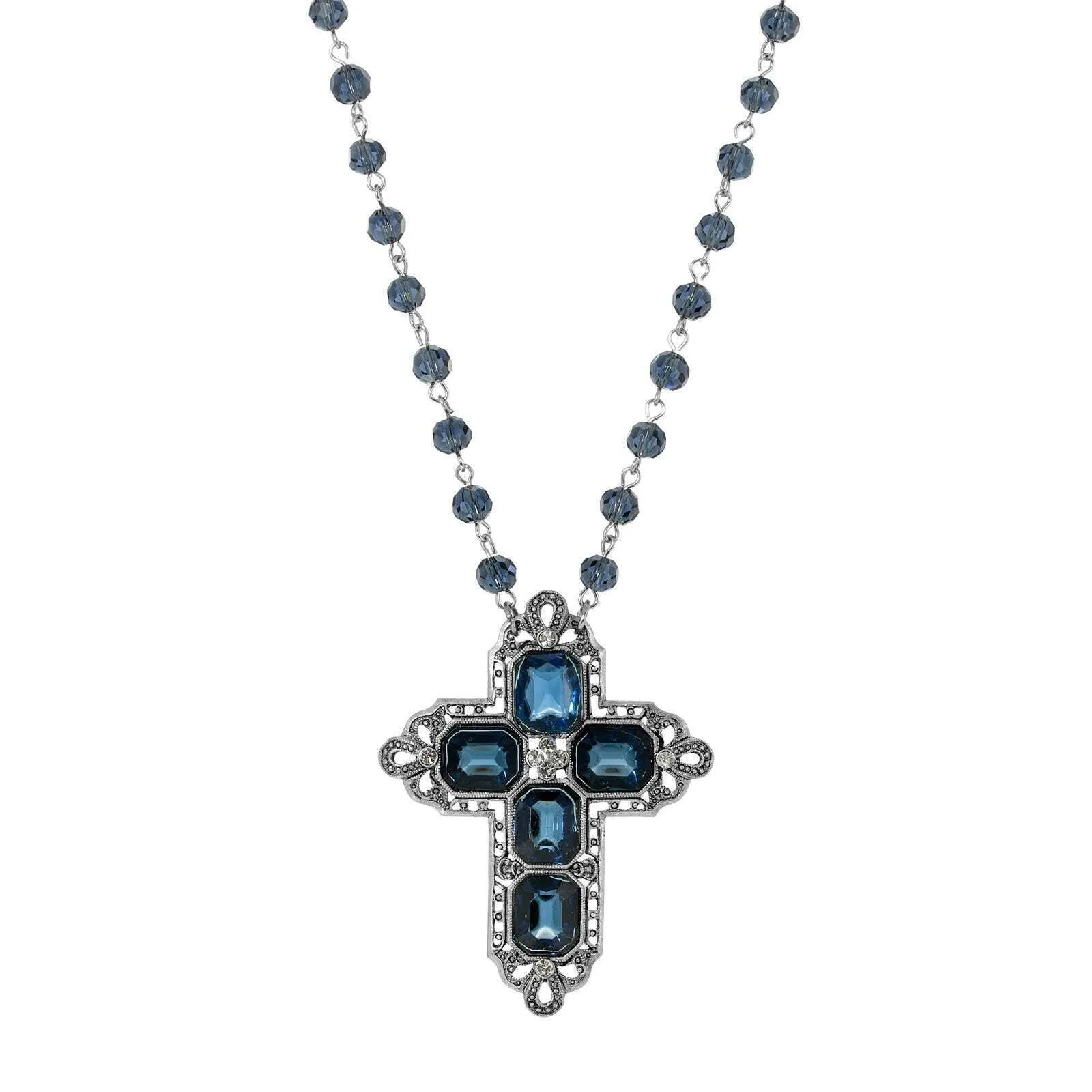 1928 Jewelry Antiqued Pewter Octagon Dark Blue German Glass Stones And Beaded Cross Necklace 16"   3" Extender 1928 Jewelry