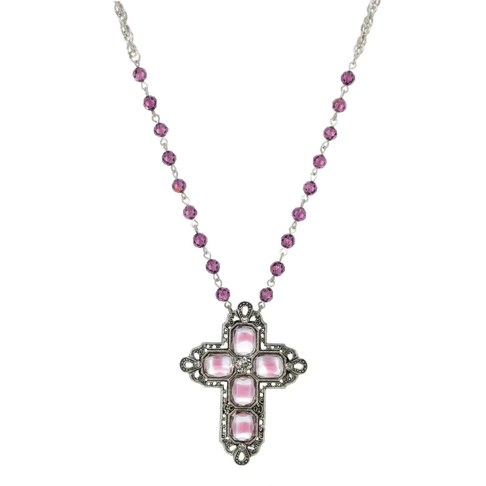 1928 Jewelry Antiqued Pewter Octagon German Glass Stones And Beaded Cross Necklace 30 1928 Jewelry