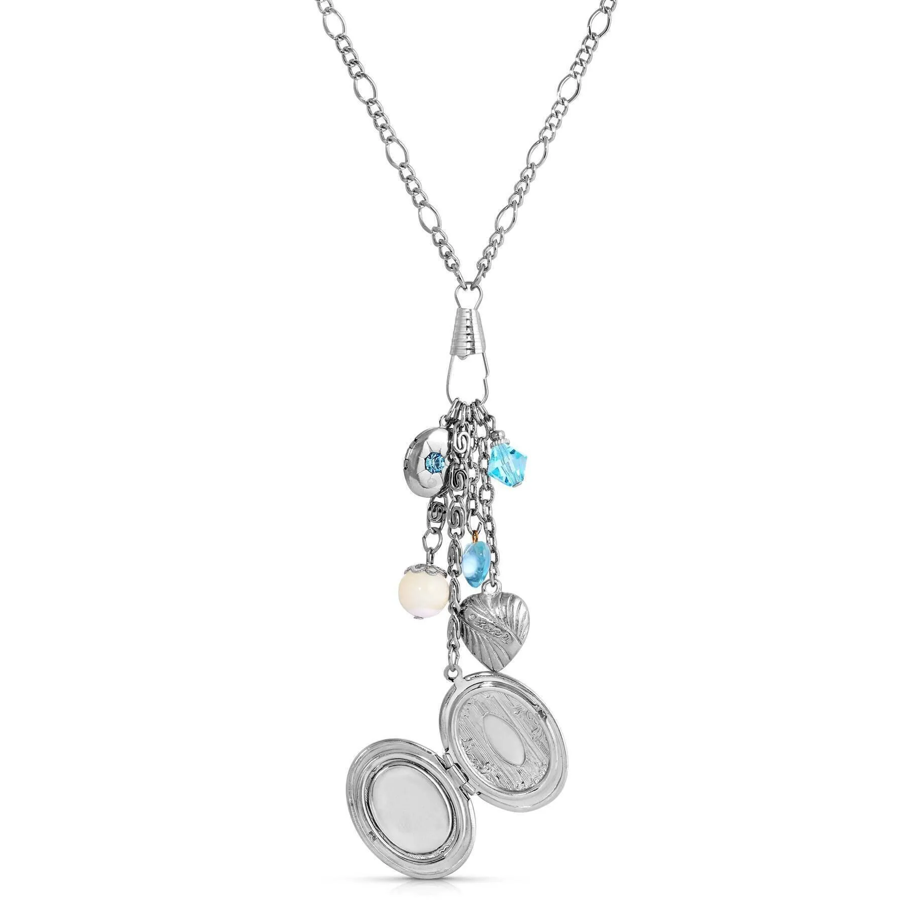 1928 Jewelry Aquamarine Crystal Mother Of Pearl Charms And Locket Necklace 30" 1928 Jewelry