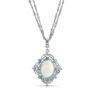 1928 Jewelry Aquamarine Crystal Mother Of Pearl Filigree Pendant Necklace 16"   3" Extender 1928 Jewelry