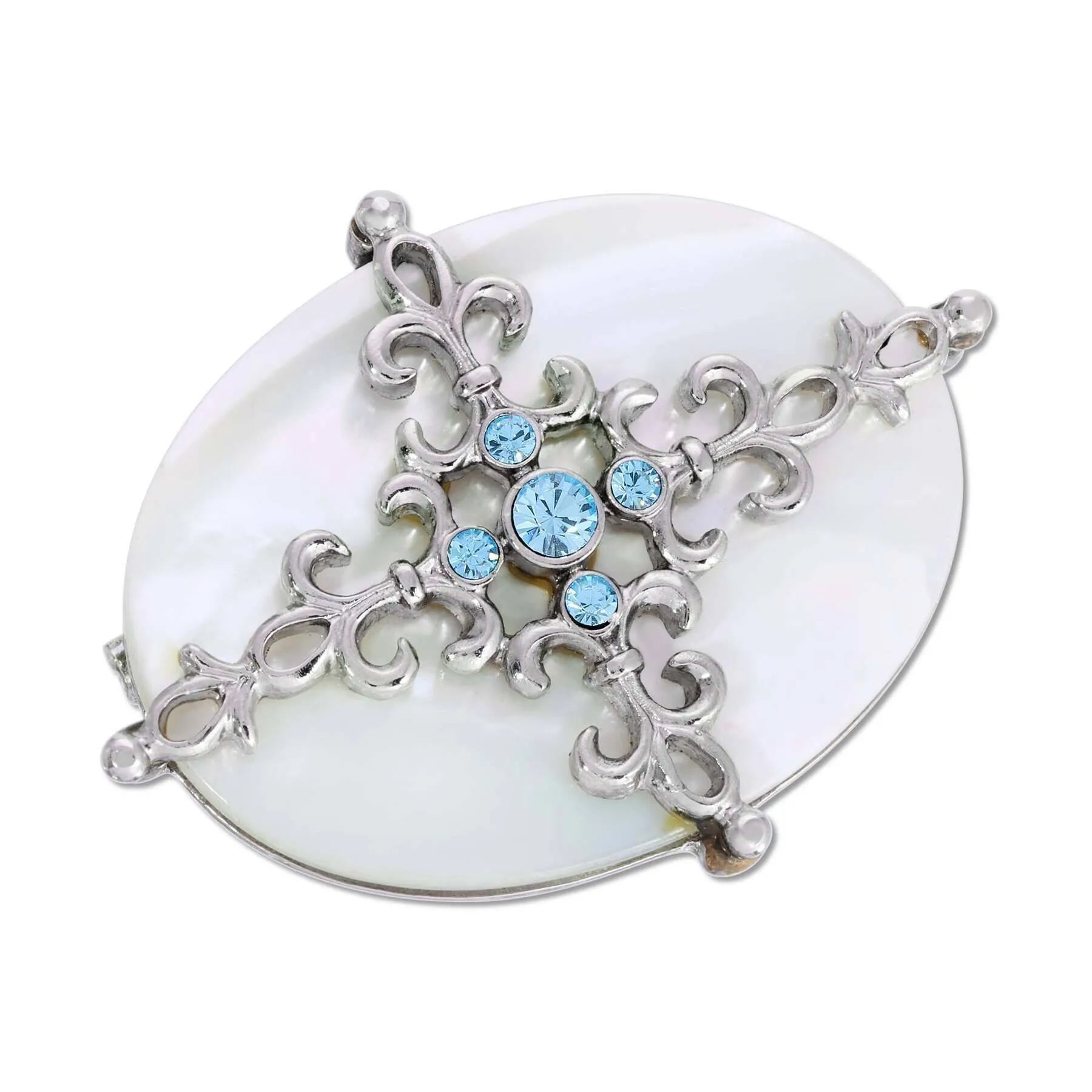 1928 Jewelry Aquamarine Crystal Mother Of Pearl Filigree Pin 1928 Jewelry