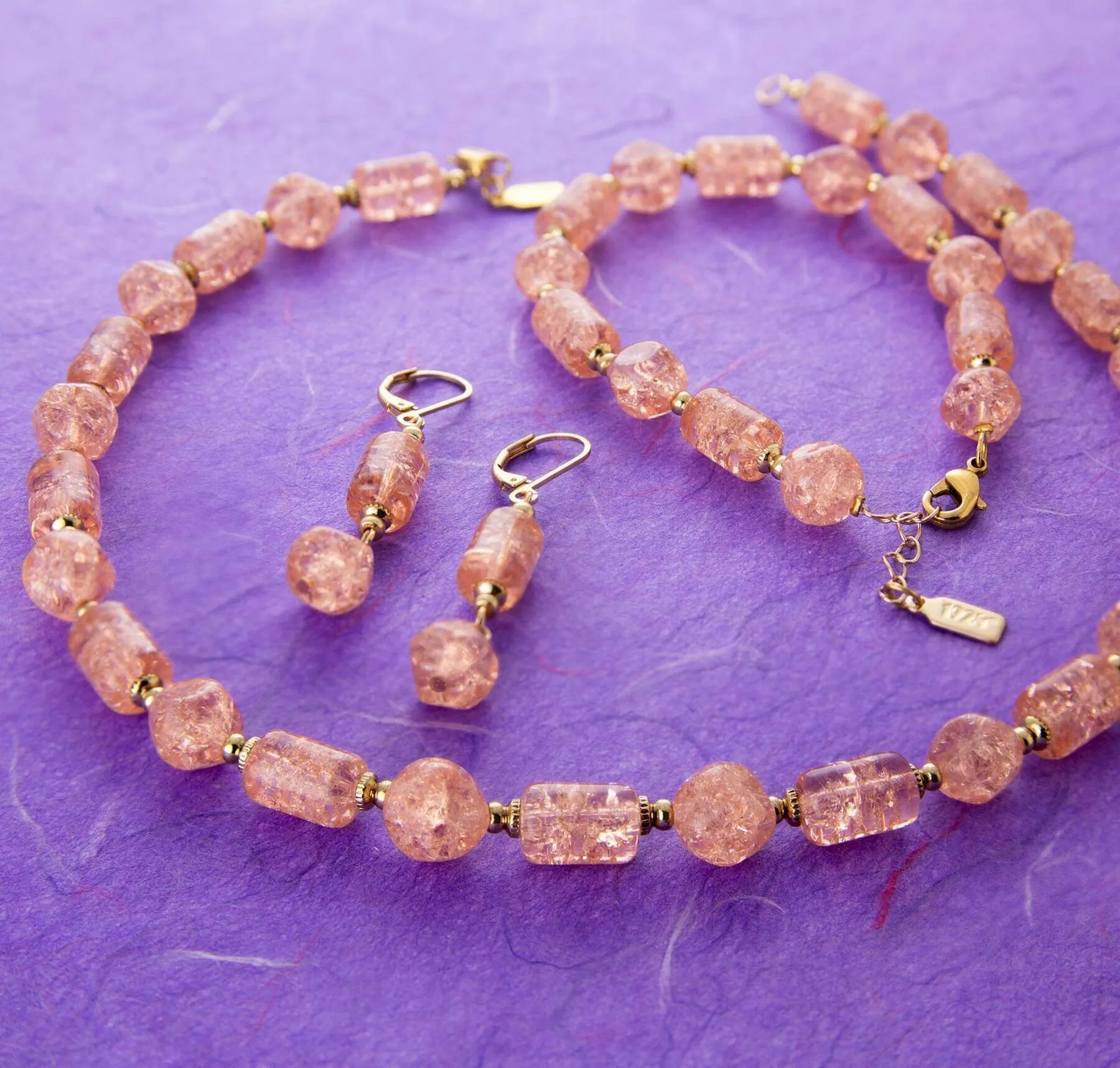 1928 Jewelry Beaded Peach Cracked Glass Necklace 16" 1928 Jewelry