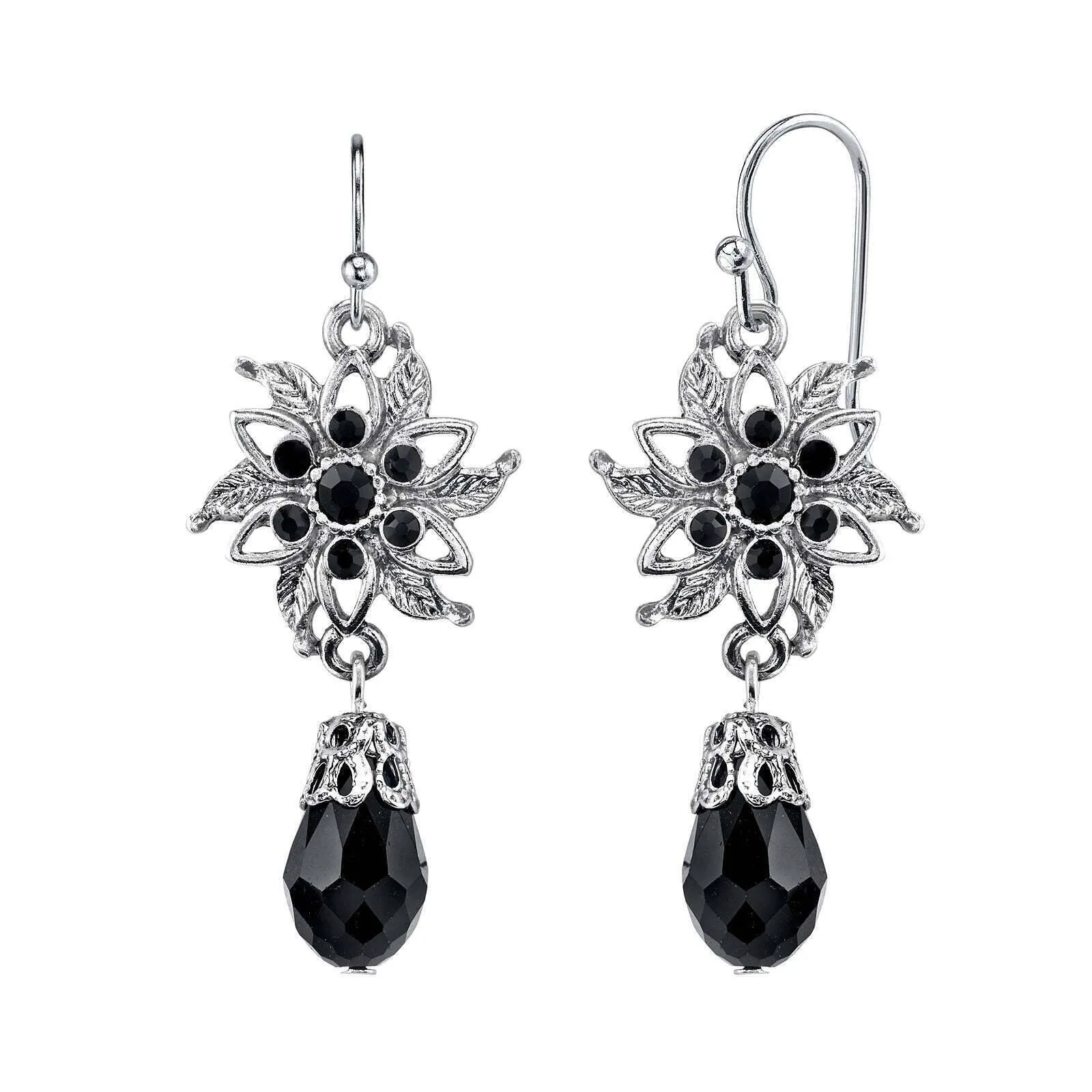 1928 Jewelry Black Crystal Flower Jet Crystal Dangling Earrings 1928 Jewelry