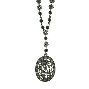 1928 Jewelry Black Diamond Color Crystal Flower Pendant Necklace 16"   3" Extender 1928 Jewelry