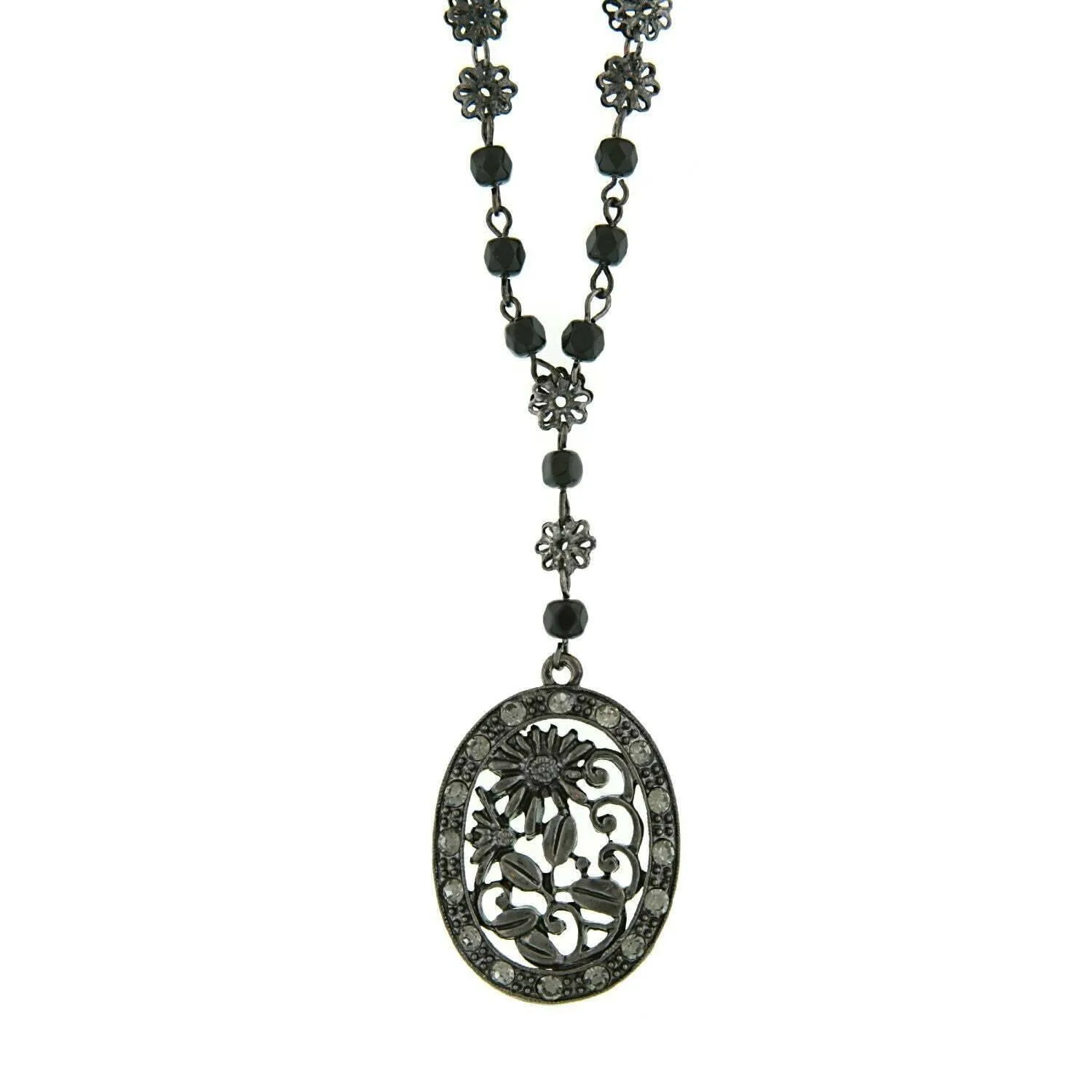 1928 Jewelry Black Diamond Color Crystal Flower Pendant Necklace 16"   3" Extender 1928 Jewelry
