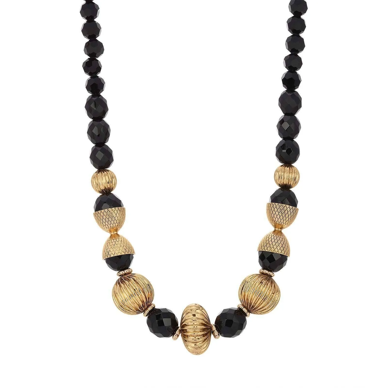 1928 Jewelry Black Fire Polished Strand Corrugated Bead Necklace 15"   3" Extension 1928 Jewelry