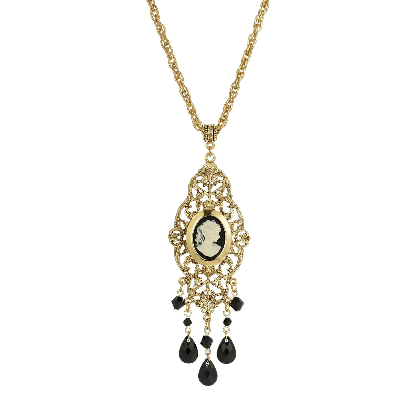 1928 Jewelry Black Oval Cameo Locket Necklace 32" 1928 Jewelry