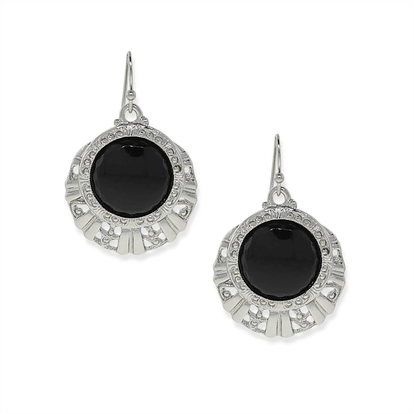 1928 Jewelry Black Round Stone Textured Drop Earrings 1928 Jewelry