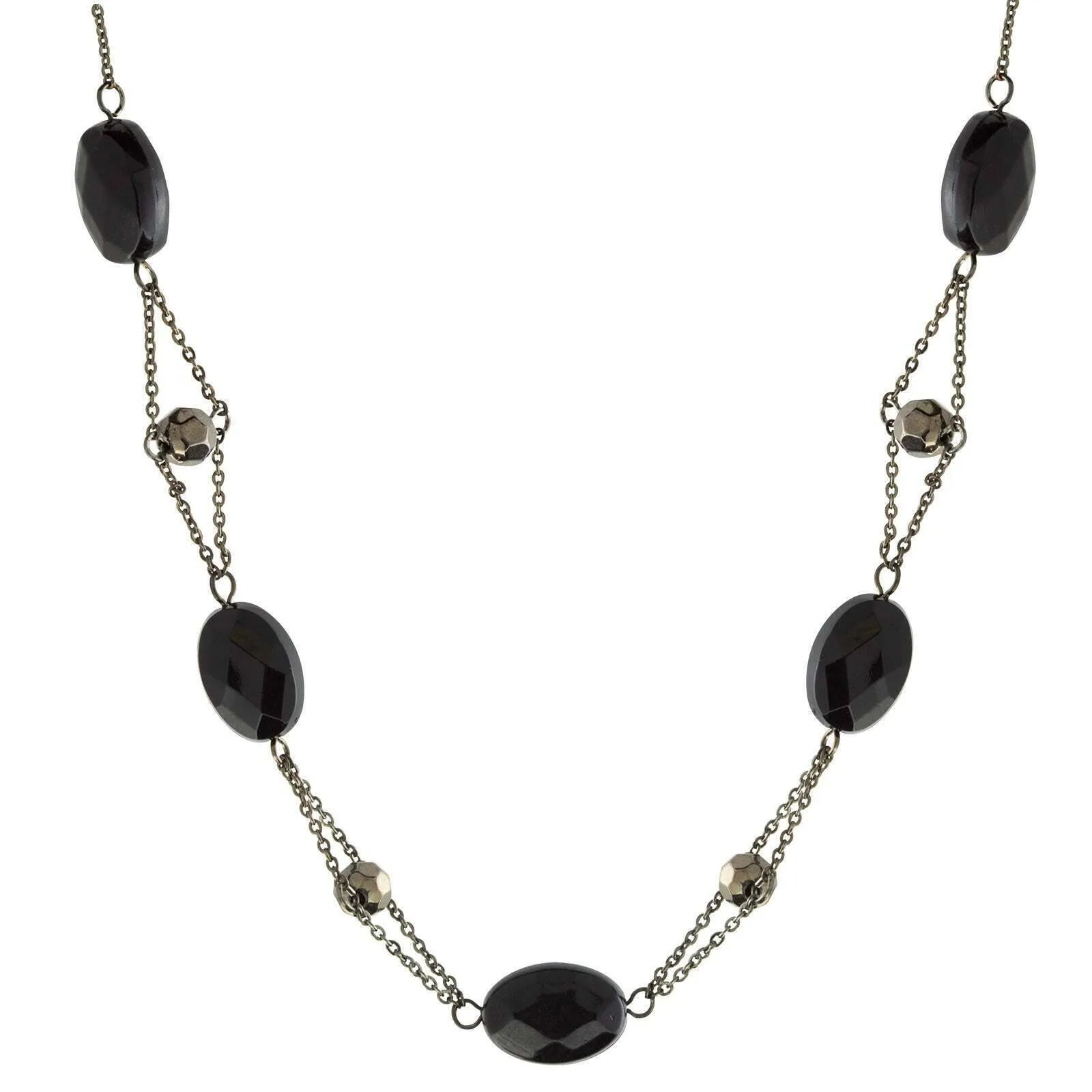 1928 Jewelry Black Trapeze Hematite Crystal Oval Beaded Necklace 1928 Jewelry