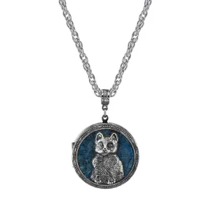 1928 Jewelry Blue Enamel Cat Locket Necklace 30" 1928 Jewelry