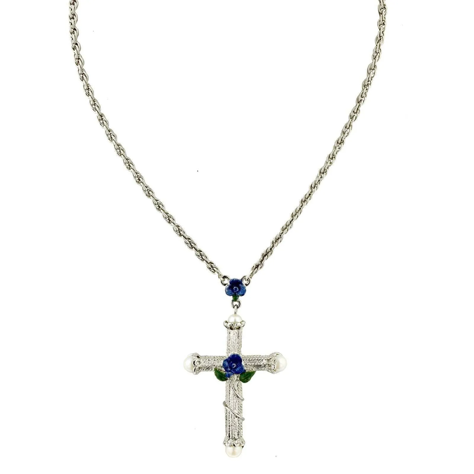 1928 Jewelry Blue Rose Enamel Cross Pendant Necklace 30" 1928 Jewelry