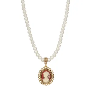 1928 Jewelry Carnelian Red Cameo Pendant 8mm Faux Pearl Strand Necklace Necklace 15"   3" Extension 1928 Jewelry