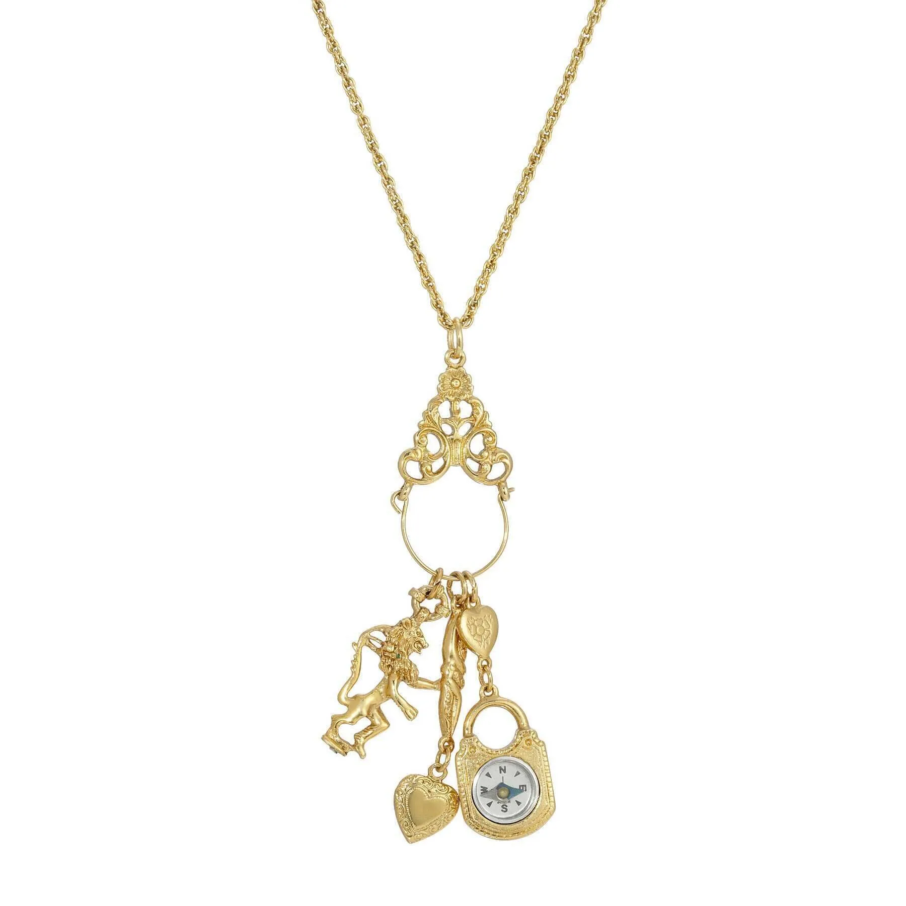 1928 Jewelry Charm Pendant Necklace Compass Heart Lion 30" 1928 Jewelry