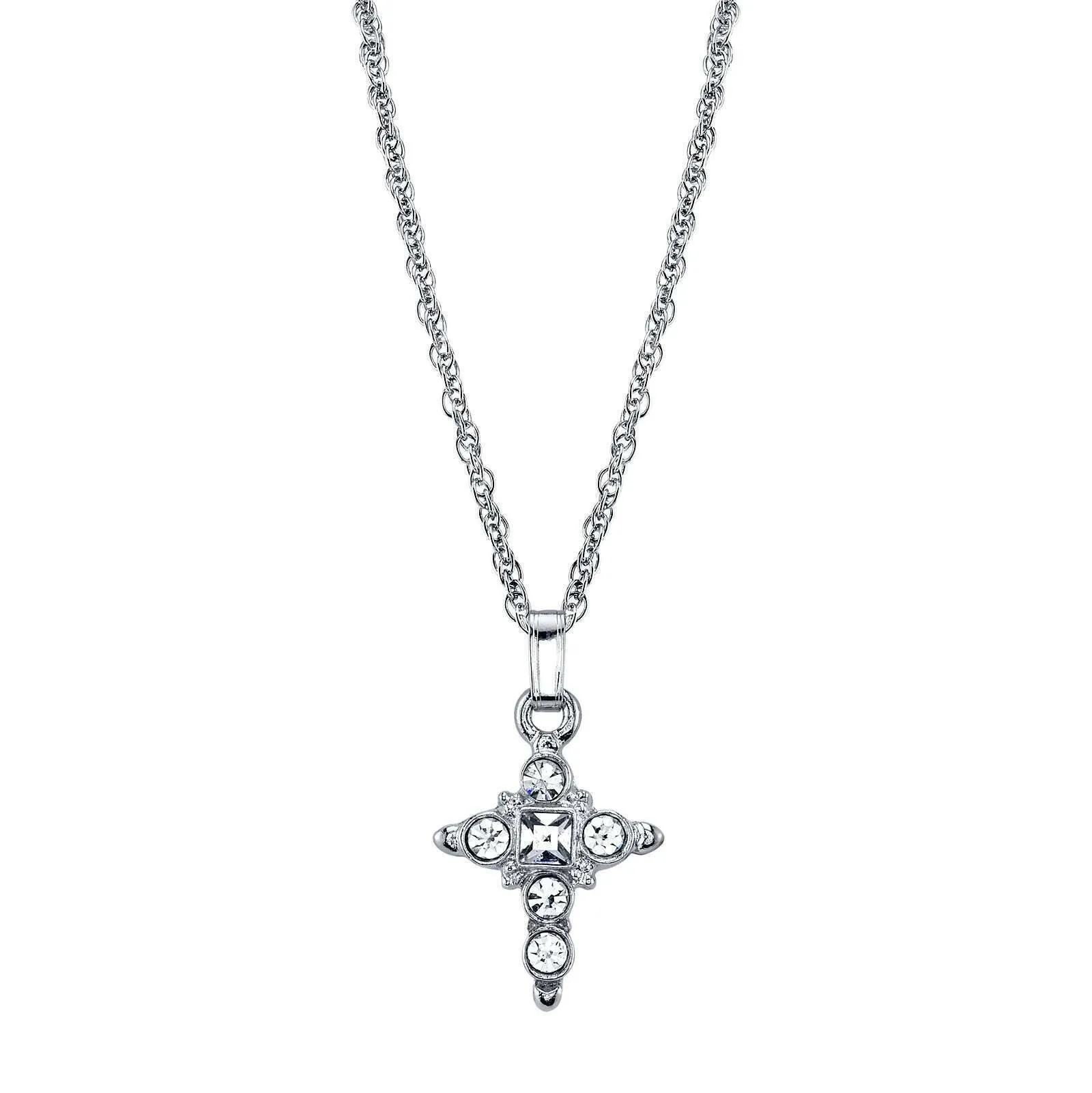 1928 Jewelry Clear Crystal Cross Pendant Necklace 16"   3" Extender 1928 Jewelry