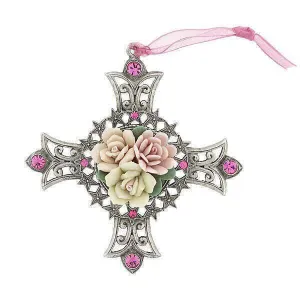 1928 Jewelry Cross & Multi Color Porcelain Roses Pink Crystal Christmas Tree Ornament 1928 Jewelry