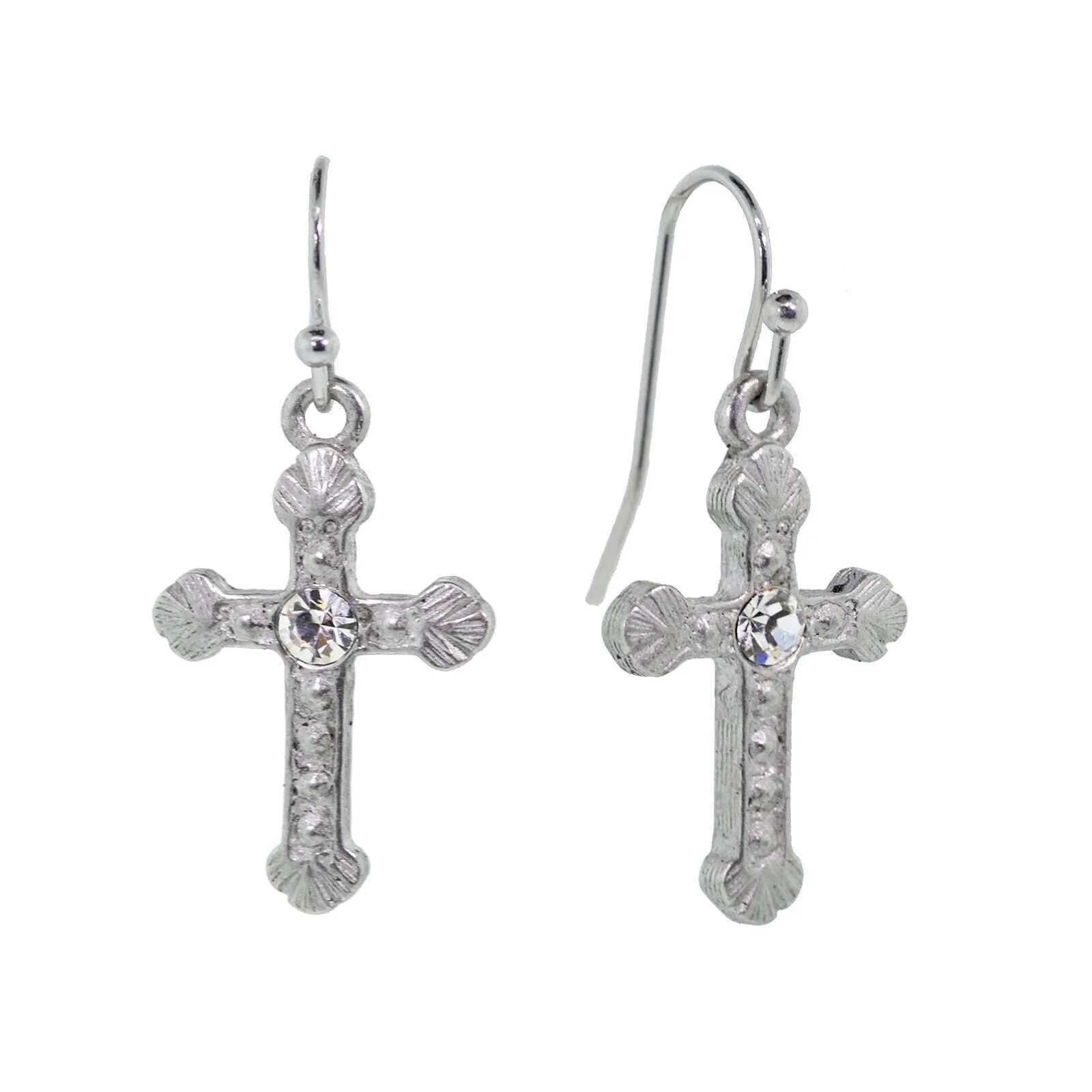1928 Jewelry Crystal Accent Ornate Silver Tone Cross Drop Earrings 1928 Jewelry