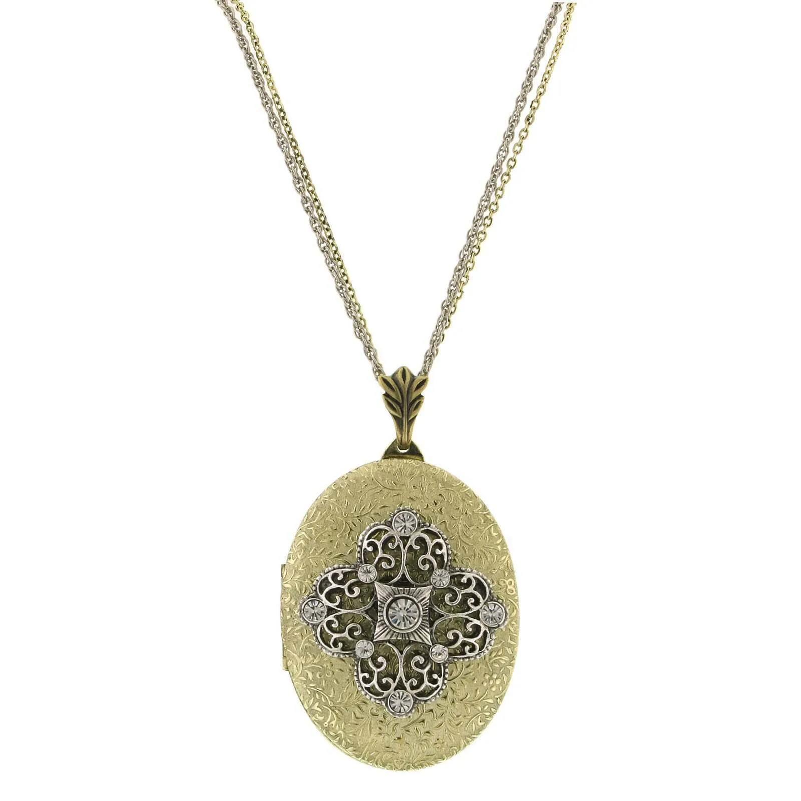 1928 Jewelry Crystal Filigree Locket Necklace 32" 1928 Jewelry