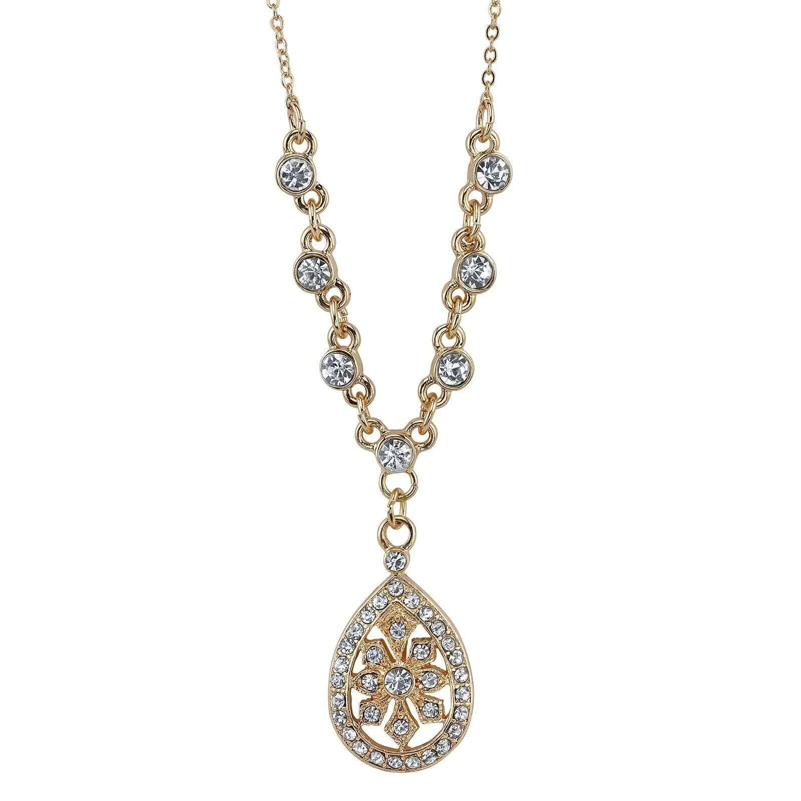1928 Jewelry Crystal Filigree Teardrop Necklace 16"   3" Extender 1928 Jewelry