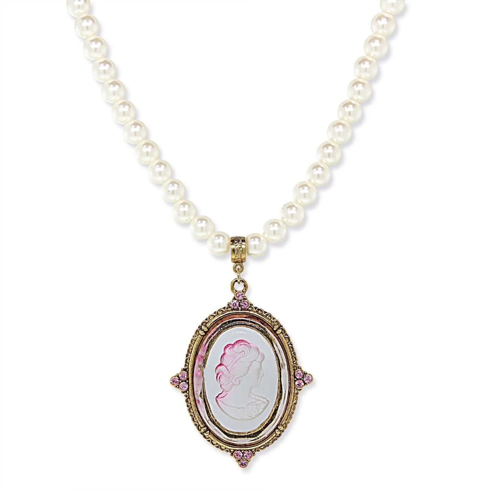 1928 Jewelry Crystal Oval Glass Intaglio 8mm Faux Pearl Strand Pendant Necklace 18" 1928 Jewelry