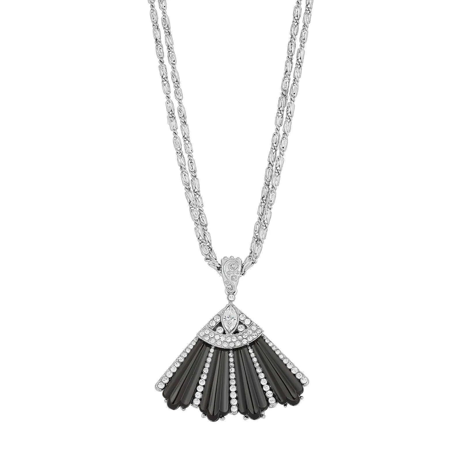 1928 Jewelry Deco Fantasy Black Stone & Crystal Fan Pendant Necklace 16"   3" Extender 1928 Jewelry