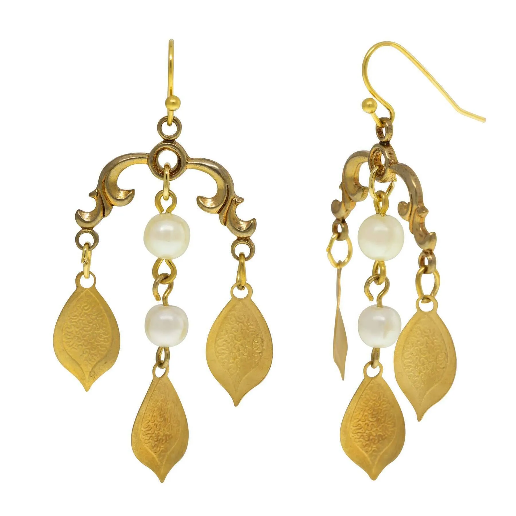 1928 Jewelry Decorative Swirl and Faux Pearls Drop Wire Earrings 1928 Jewelry