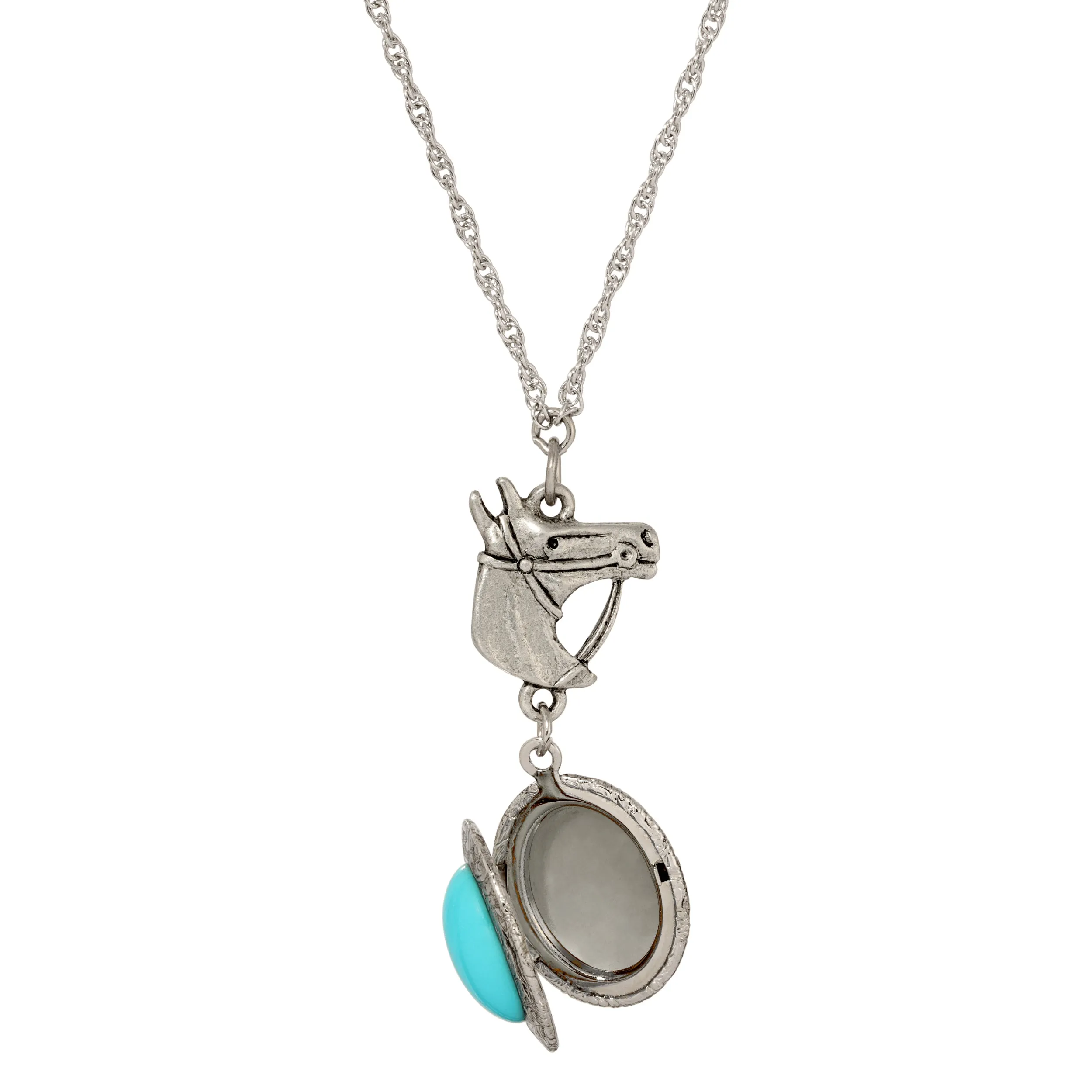1928 Jewelry Equestrian Charm Horsehead Pendant & Turquoise Stone Locket Necklace 24" 1928 Jewelry