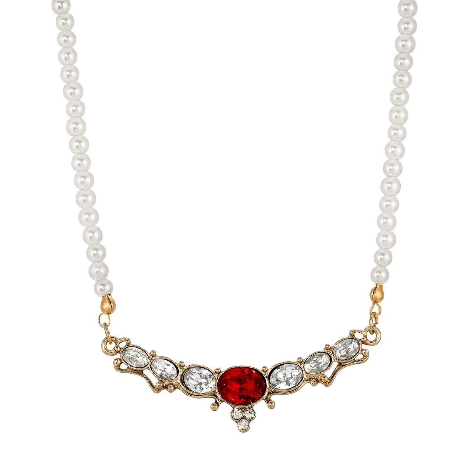 1928 Jewelry Estate 4mm Faux Pearl Strand Clear & Red Crystal Collar Necklace 16"   3" Extender 1928 Jewelry