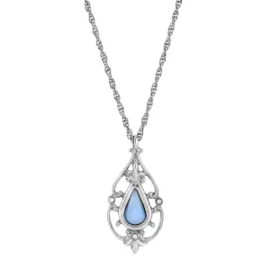 1928 Jewelry Faux Blue Moonstone Teardrop Fleur De Lis Pendant Necklace 16"   3 " Extender 1928 Jewelry