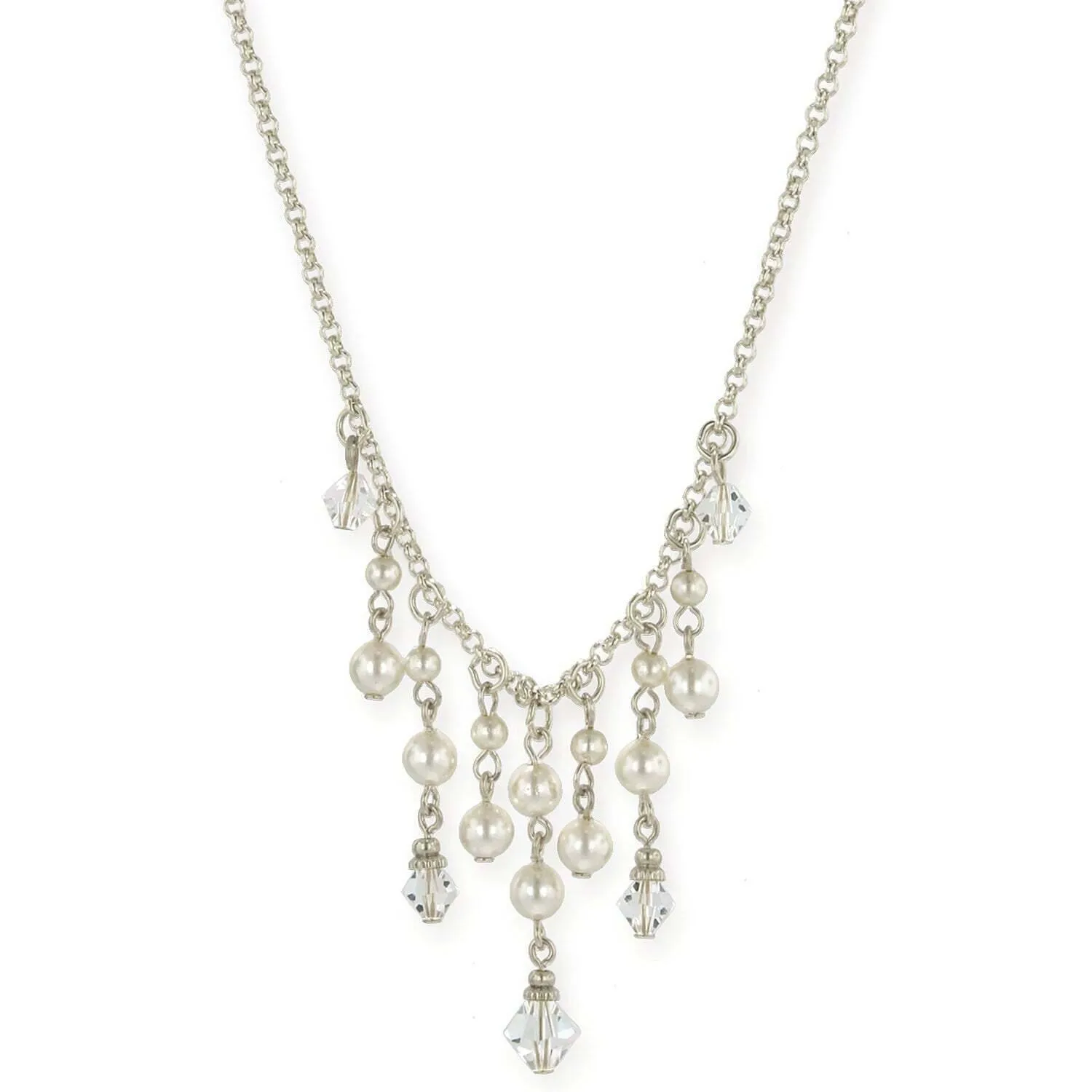 1928 Jewelry Faux Pearl And Crystal Bib Necklace 15"   3" Extender 1928 Jewelry