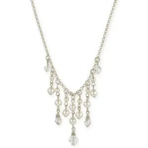 1928 Jewelry Faux Pearl And Crystal Bib Necklace 15"   3" Extender 1928 Jewelry